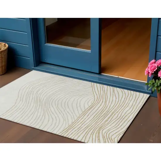 Ivory And Wheat Striped Washable Indoor Outdoor Area Rug Photo 1