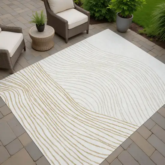 Ivory And Wheat Striped Washable Indoor Outdoor Area Rug Photo 7