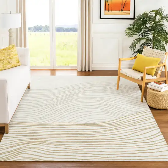 Ivory And Wheat Striped Washable Indoor Outdoor Area Rug Photo 9