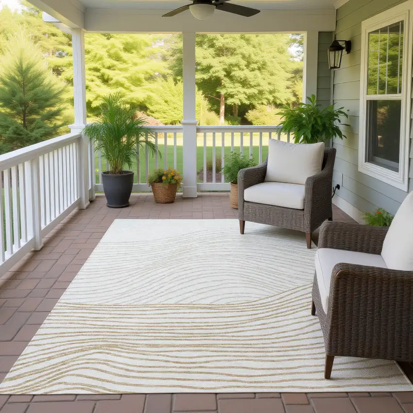 Ivory And Wheat Striped Washable Indoor Outdoor Area Rug Photo 9