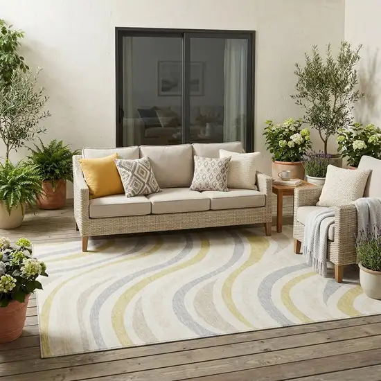 Ivory And Wheat Striped Washable Indoor Outdoor Area Rug Photo 1