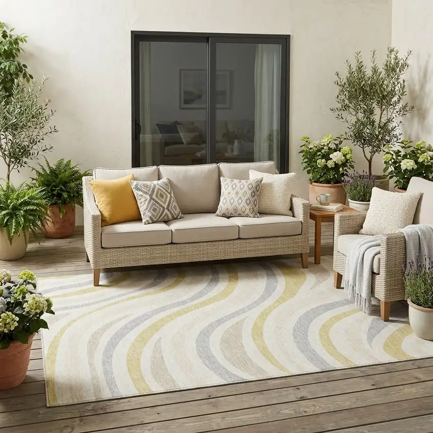 Ivory And Wheat Striped Washable Indoor Outdoor Area Rug Photo 1