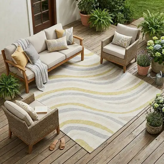 Ivory And Wheat Striped Washable Indoor Outdoor Area Rug Photo 1