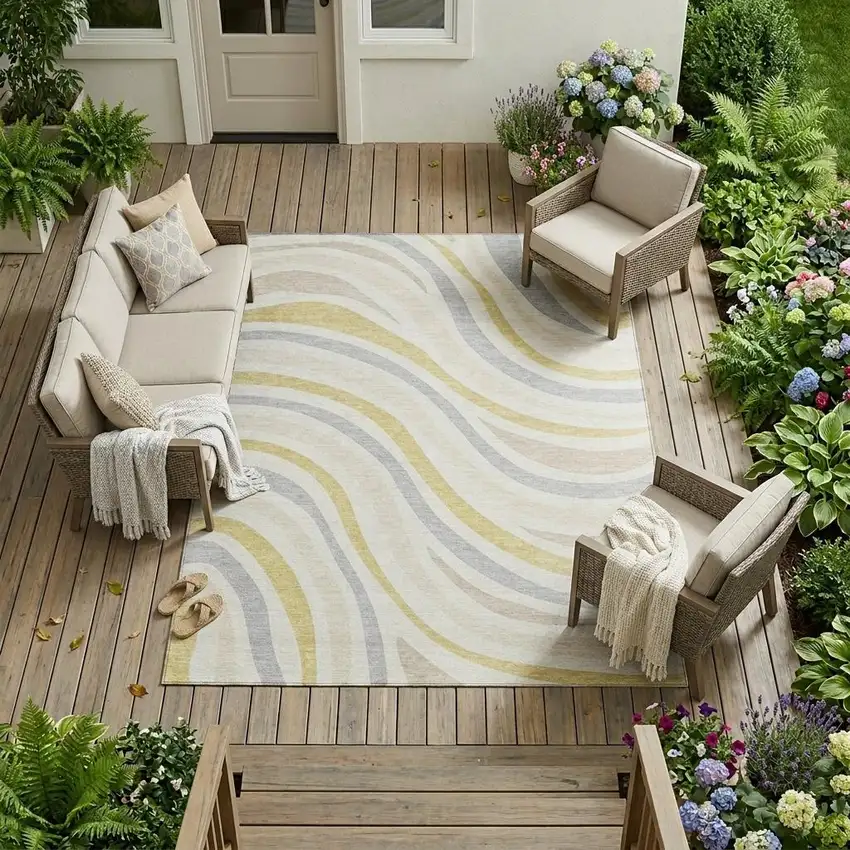 Ivory And Wheat Striped Washable Indoor Outdoor Area Rug Photo 1