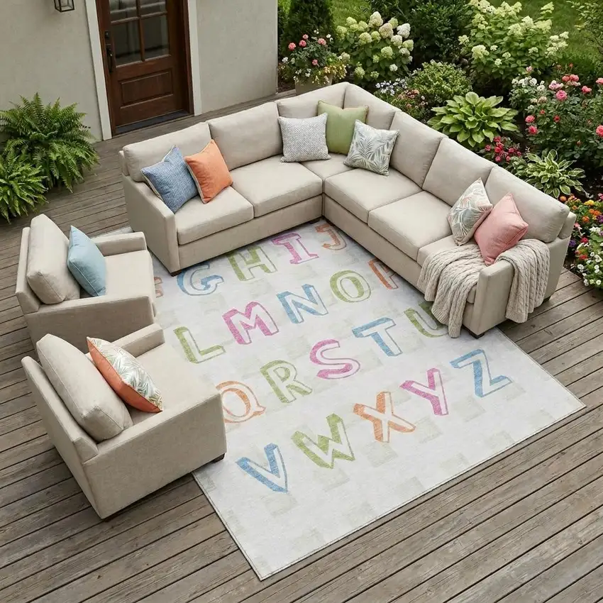 Ivory And White Geometric Washable Indoor Outdoor Area Rug Photo 1