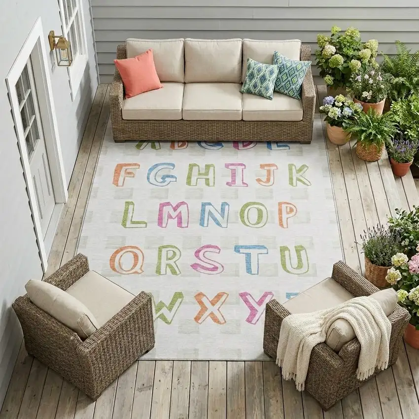 Ivory And White Geometric Washable Indoor Outdoor Area Rug Photo 1