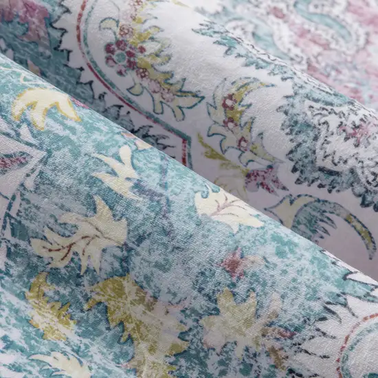 Ivory Aqua And Purple Medallion Distressed Washable Area Rug Photo 9