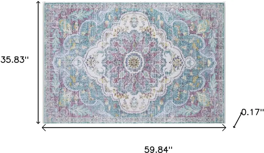 Ivory Aqua And Purple Medallion Distressed Washable Area Rug Photo 3