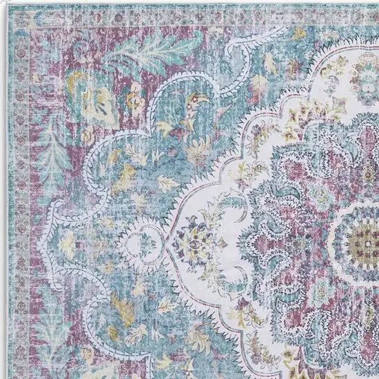 Ivory Aqua And Purple Medallion Distressed Washable Area Rug Photo 4