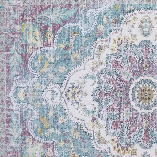 Ivory Aqua And Purple Medallion Distressed Washable Area Rug Photo 3