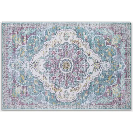 Ivory Aqua And Purple Medallion Distressed Washable Area Rug Photo 2