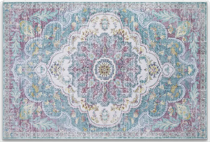 Ivory Aqua And Purple Medallion Distressed Washable Area Rug Photo 2