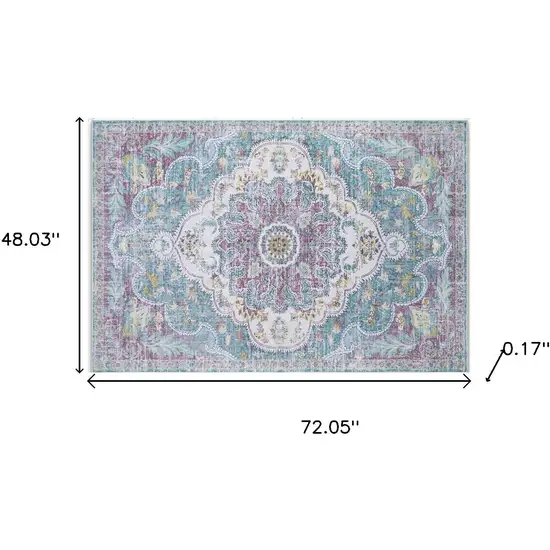 Ivory Aqua And Purple Medallion Distressed Washable Area Rug Photo 9