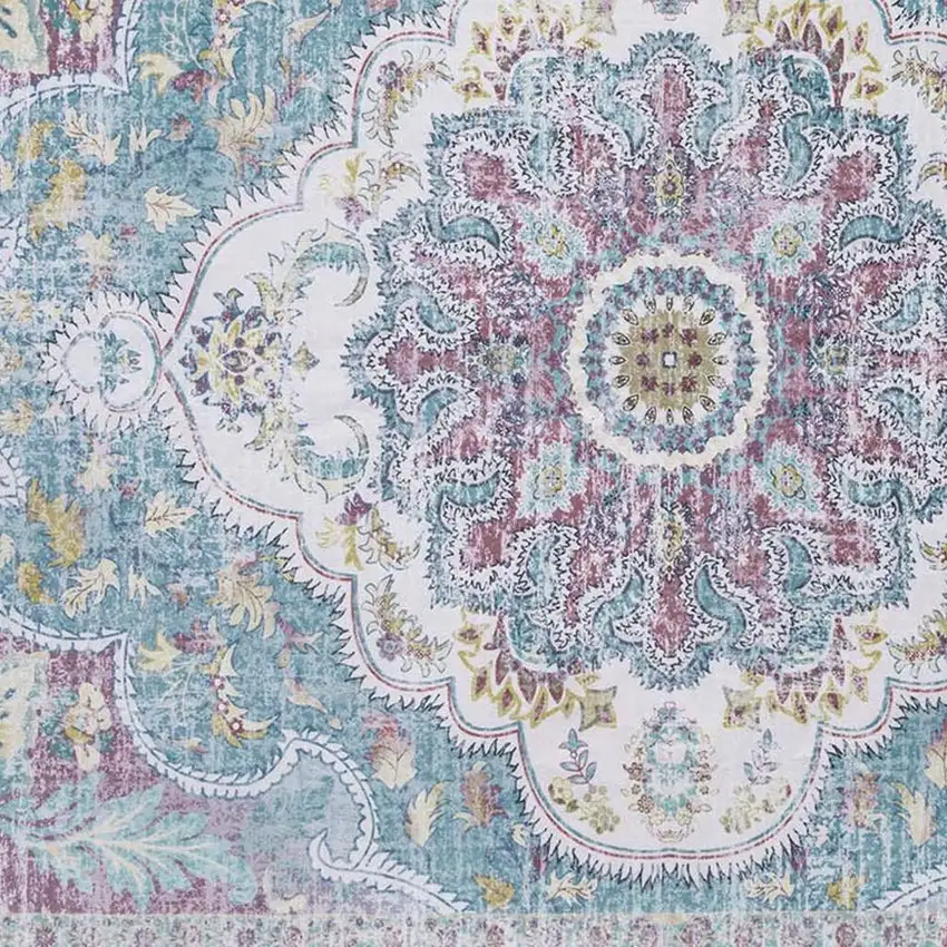 Ivory Aqua And Purple Medallion Distressed Washable Area Rug Photo 3
