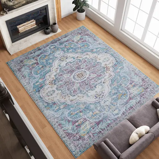 Ivory Aqua And Purple Medallion Distressed Washable Area Rug Photo 5
