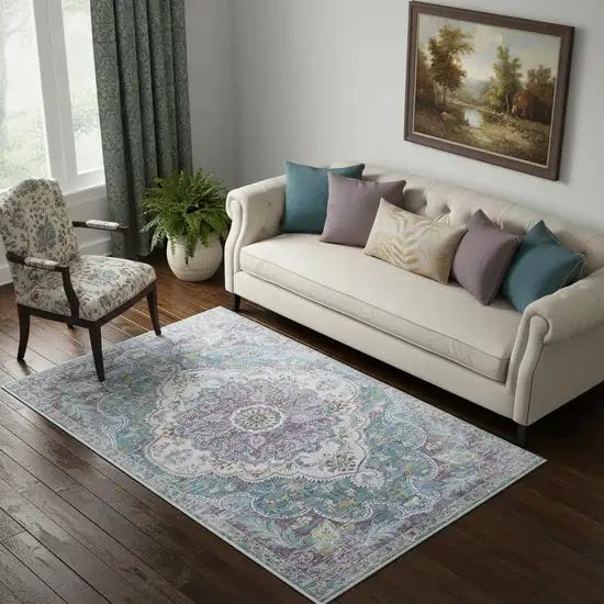 Ivory Aqua And Purple Medallion Distressed Washable Area Rug Photo 1