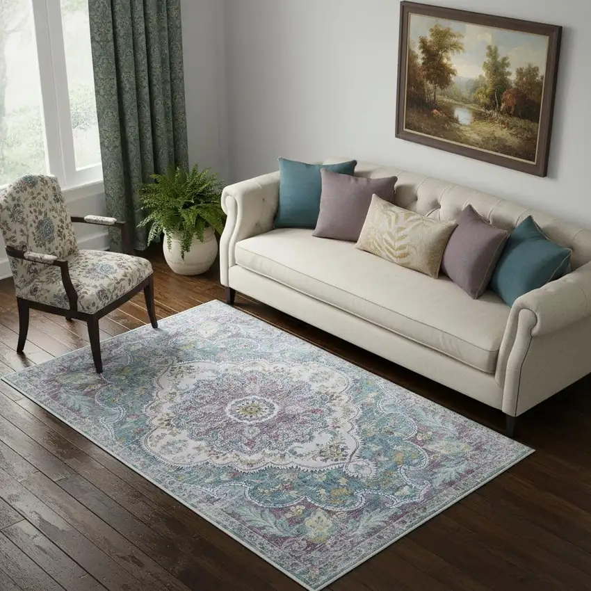 Ivory Aqua And Purple Medallion Distressed Washable Area Rug Photo 1