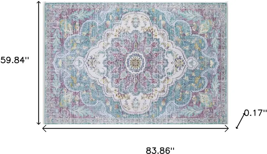 Ivory Aqua And Purple Medallion Distressed Washable Area Rug Photo 9