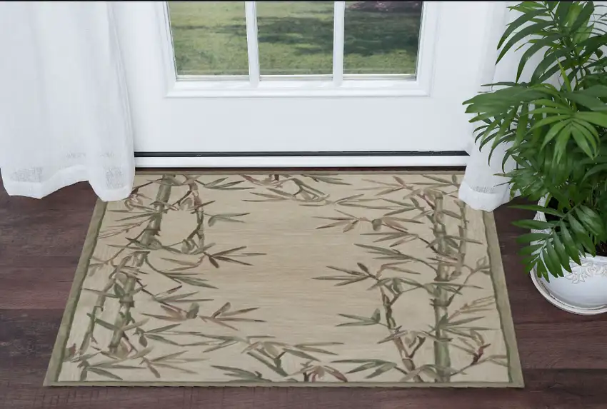 Ivory Bamboo Bordered Wool Indoor Area Rug Photo 1