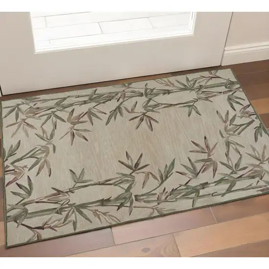 Ivory Green And Brown Wool Botanical Leaves Hand Tufted Area Rug Photo 1