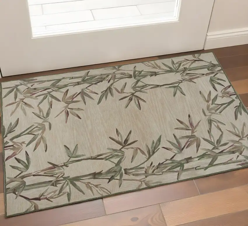 Ivory Green And Brown Wool Botanical Leaves Hand Tufted Area Rug Photo 1