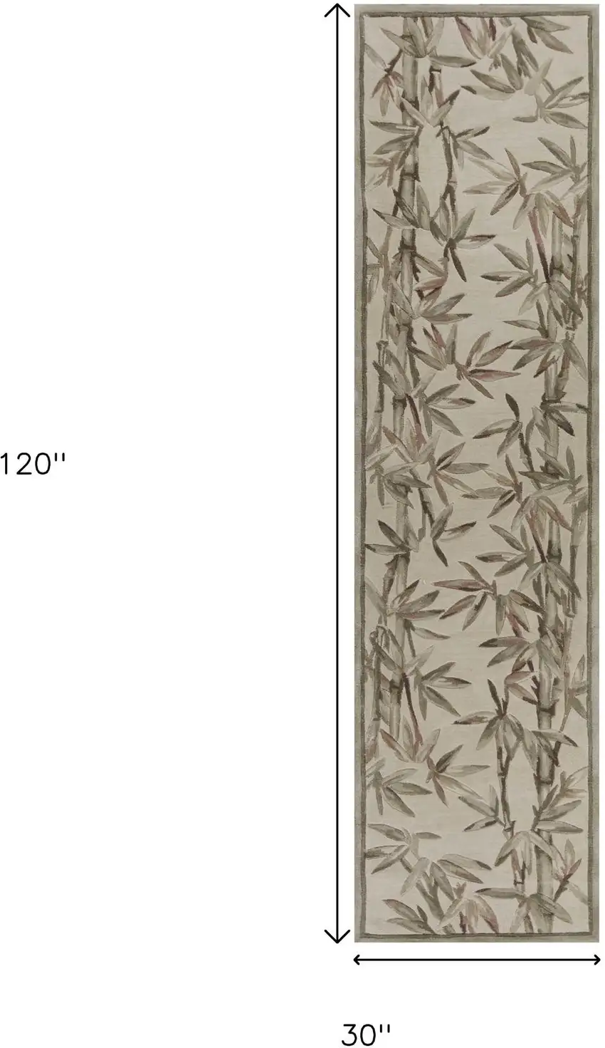 10' Ivory Green And Brown Wool Botanical Leaves Hand Tufted Runner Rug Photo 3