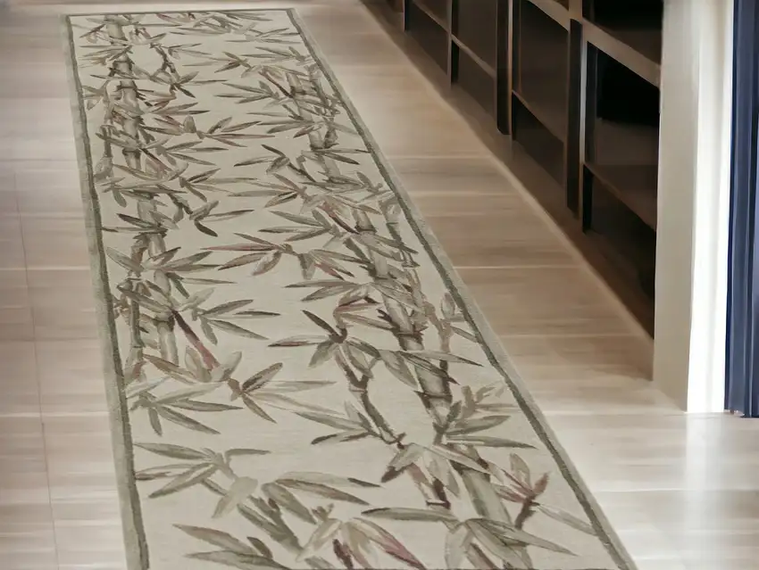 2' X 10' Ivory Bamboo Leaves Wool Indoor Runner Rug Photo 1