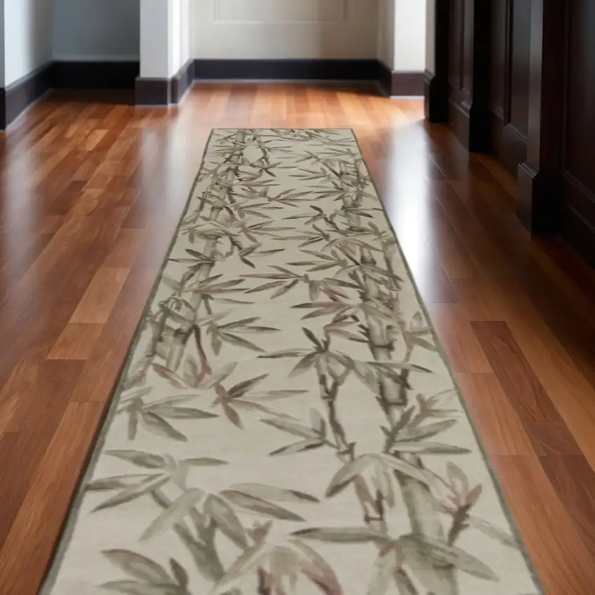 10' Ivory Green And Brown Wool Botanical Leaves Hand Tufted Runner Rug Photo 1