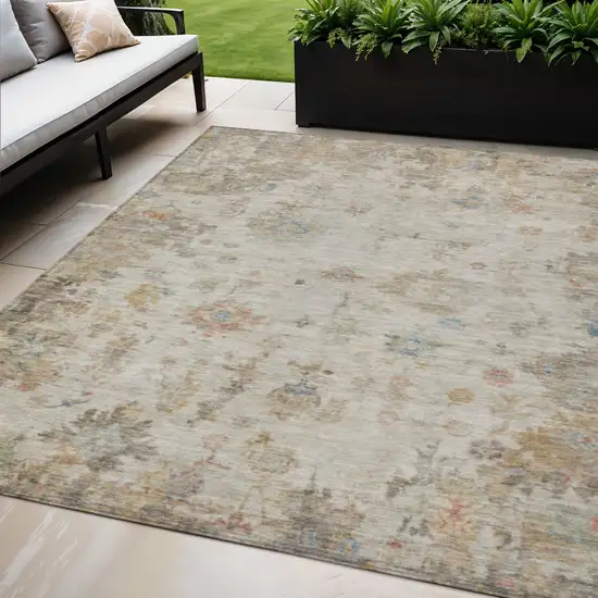 Ivory Beige And Blue Floral Washable Indoor Outdoor Area Rug Photo 1