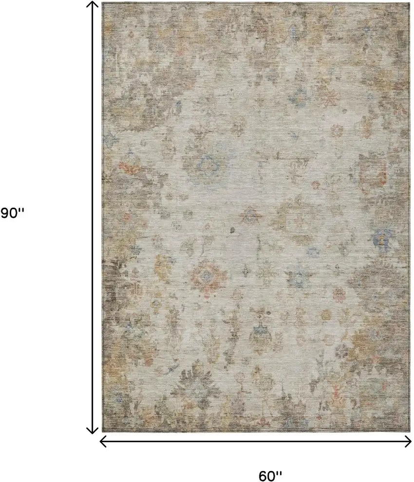 Ivory Beige And Blue Floral Washable Indoor Outdoor Area Rug Photo 3