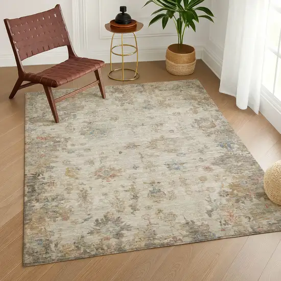 Ivory Beige And Blue Floral Washable Indoor Outdoor Area Rug Photo 9