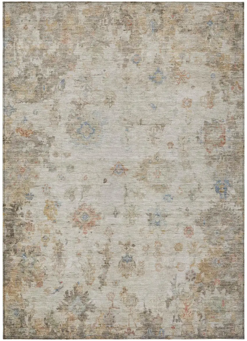 Ivory Beige And Blue Floral Washable Indoor Outdoor Area Rug Photo 2