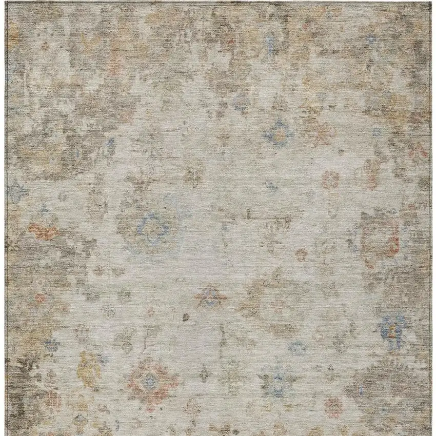 Ivory Beige And Blue Floral Washable Indoor Outdoor Area Rug Photo 3