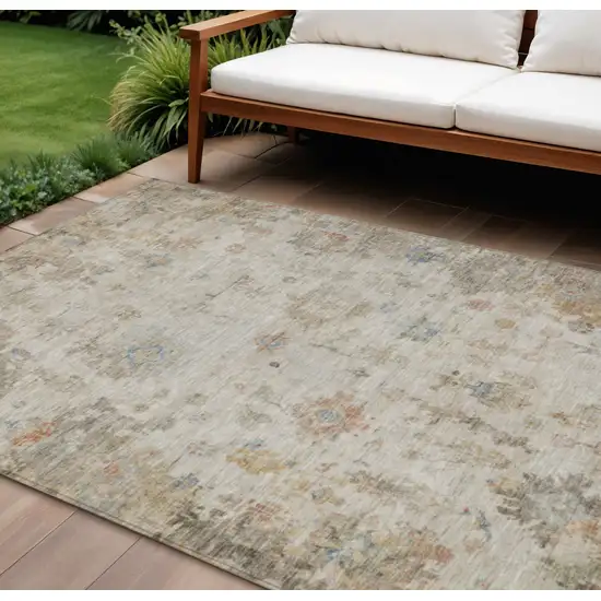 Ivory Beige And Blue Floral Washable Indoor Outdoor Area Rug Photo 1