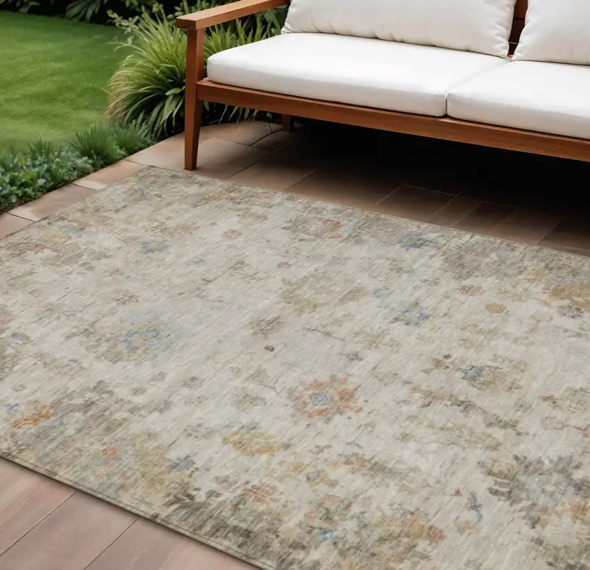 Ivory Beige And Blue Floral Washable Indoor Outdoor Area Rug Photo 1