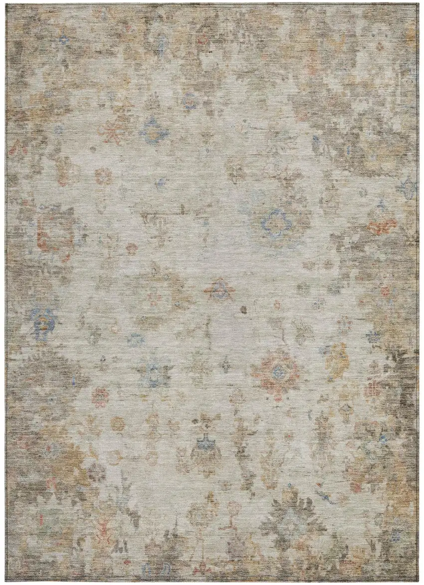 Ivory Beige And Blue Floral Washable Indoor Outdoor Area Rug Photo 4