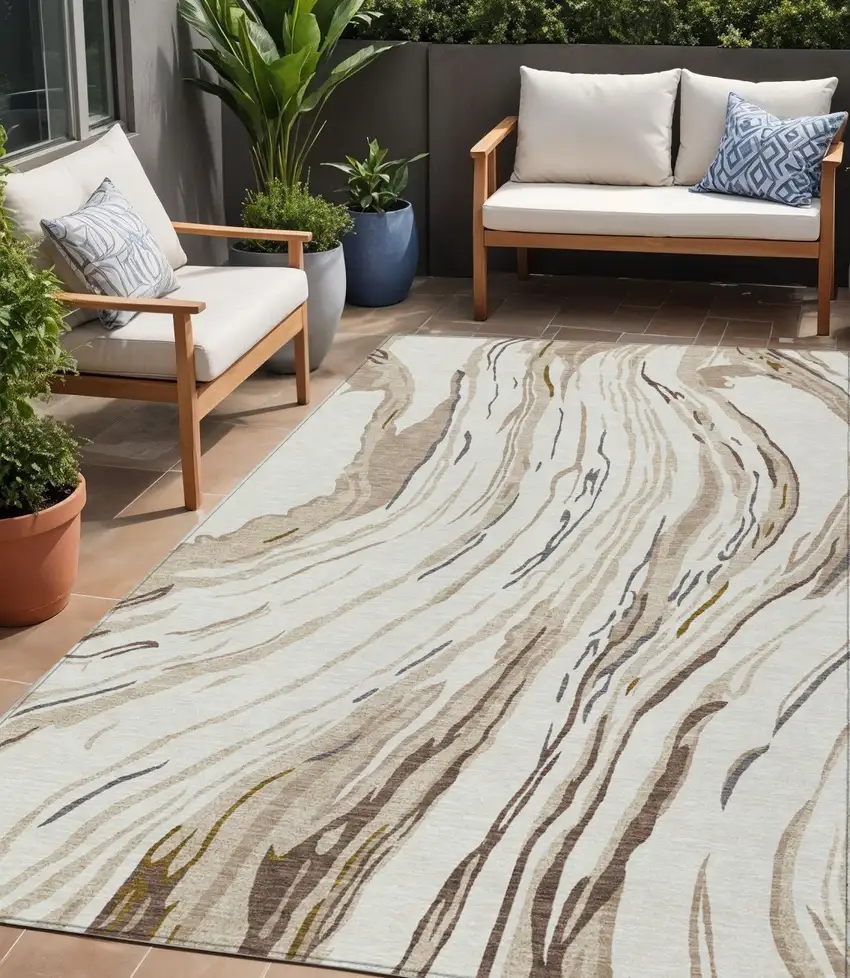 Ivory Beige And Brown Abstract Washable Indoor Outdoor Area Rug Photo 1