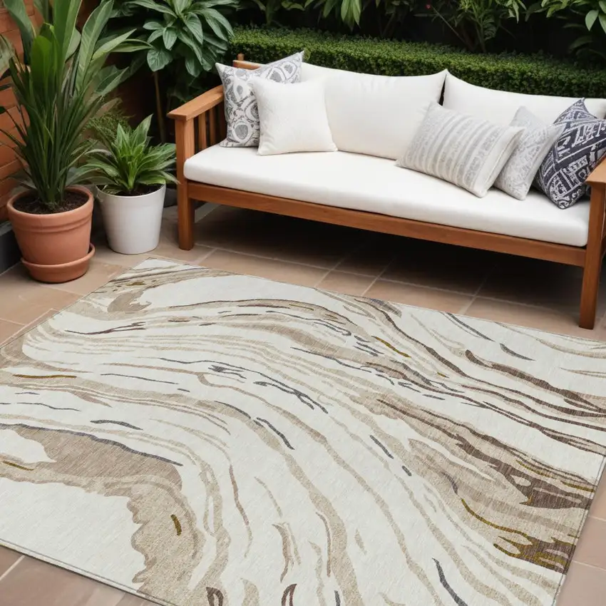 Ivory Beige And Brown Abstract Washable Indoor Outdoor Area Rug Photo 1