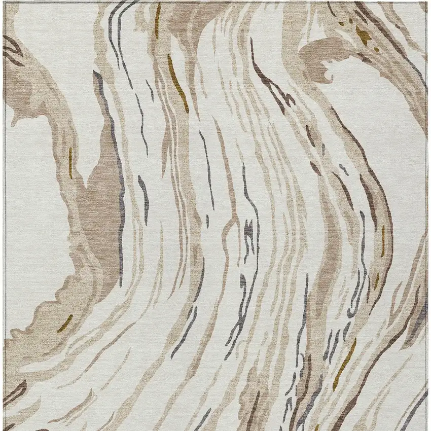 Ivory Beige And Brown Abstract Washable Indoor Outdoor Area Rug Photo 7