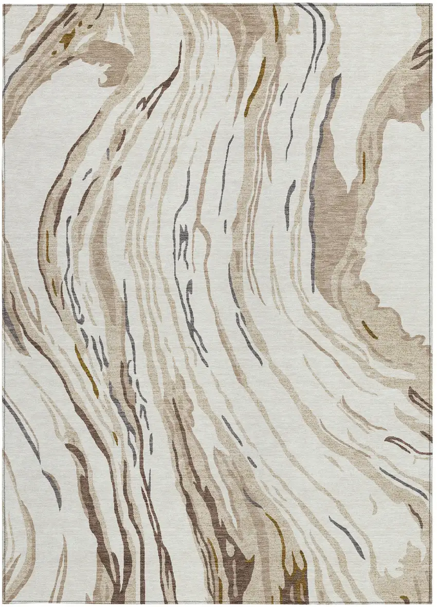 Ivory Beige And Brown Abstract Washable Indoor Outdoor Area Rug Photo 8
