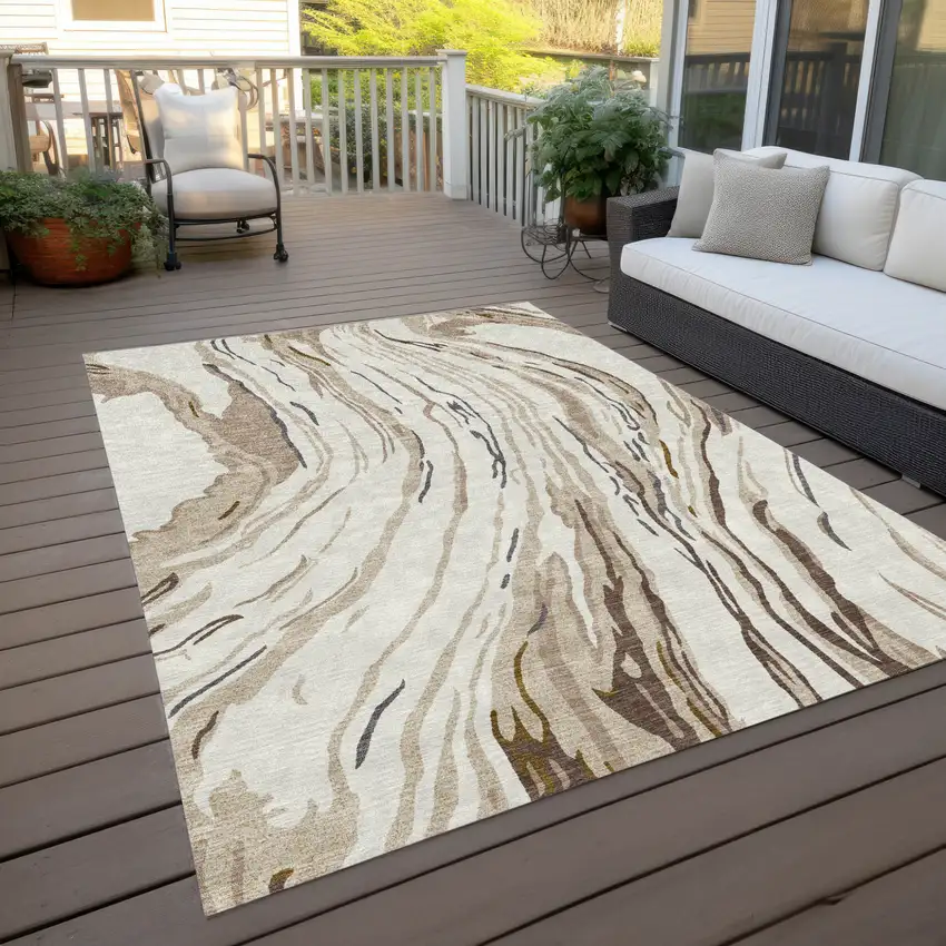 Ivory Beige And Brown Abstract Washable Indoor Outdoor Area Rug Photo 9