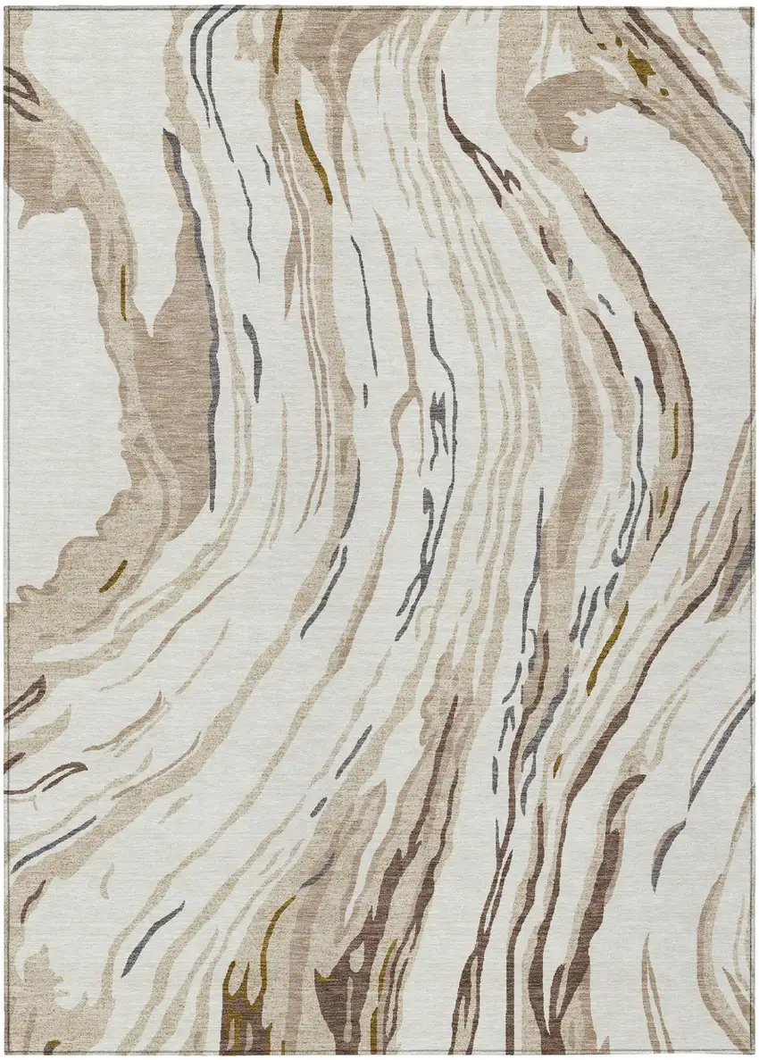 Ivory Beige And Brown Abstract Washable Indoor Outdoor Area Rug Photo 2
