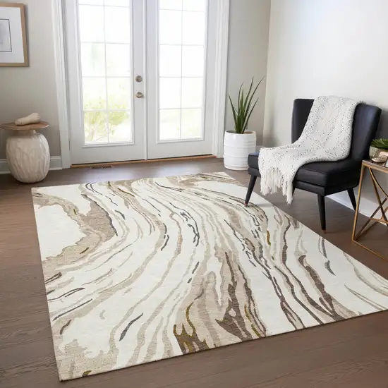 Ivory Beige And Brown Abstract Washable Indoor Outdoor Area Rug Photo 9