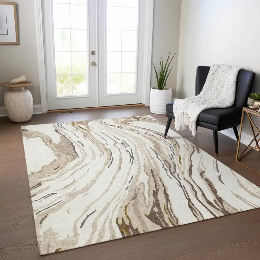 Ivory Beige And Brown Abstract Washable Indoor Outdoor Area Rug Photo 9