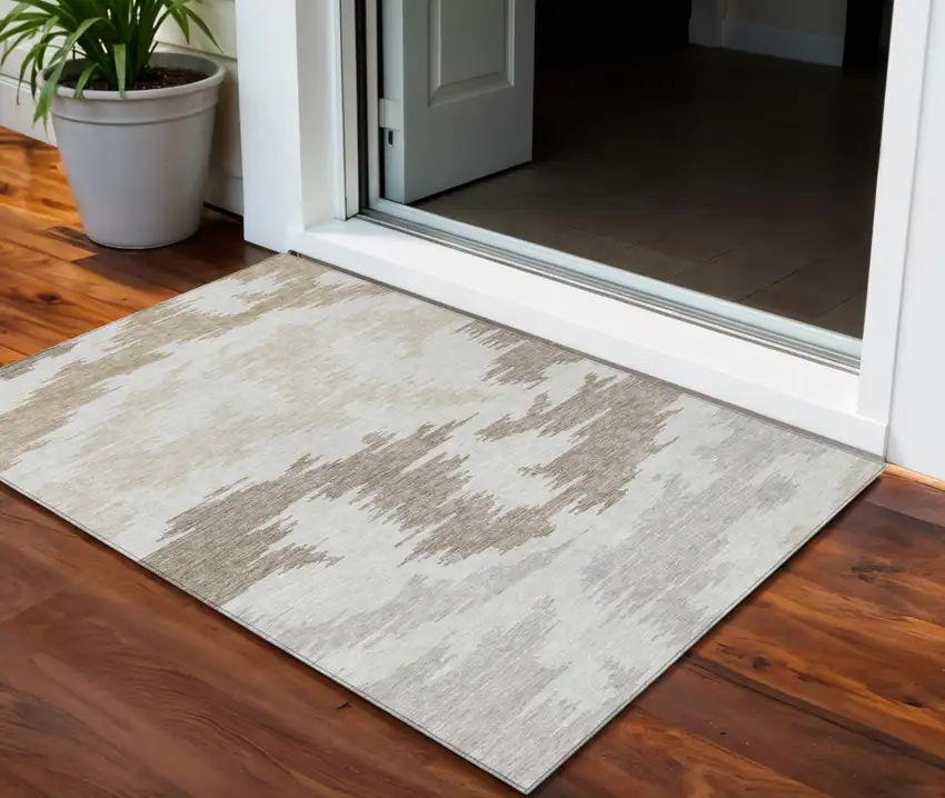 Ivory Beige And Brown Abstract Washable Indoor Outdoor Area Rug Photo 1