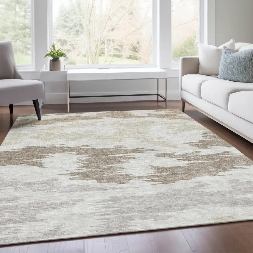 Ivory Beige And Brown Abstract Washable Indoor Outdoor Area Rug Photo 8