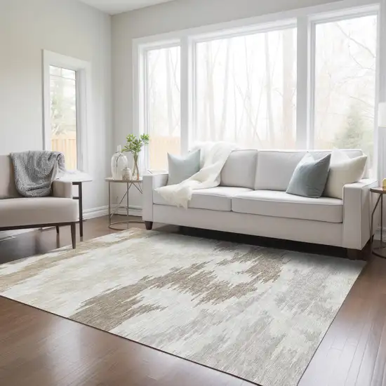 Ivory Beige And Brown Abstract Washable Indoor Outdoor Area Rug Photo 9