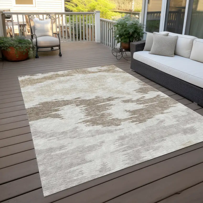 Ivory Beige And Brown Abstract Washable Indoor Outdoor Area Rug Photo 9