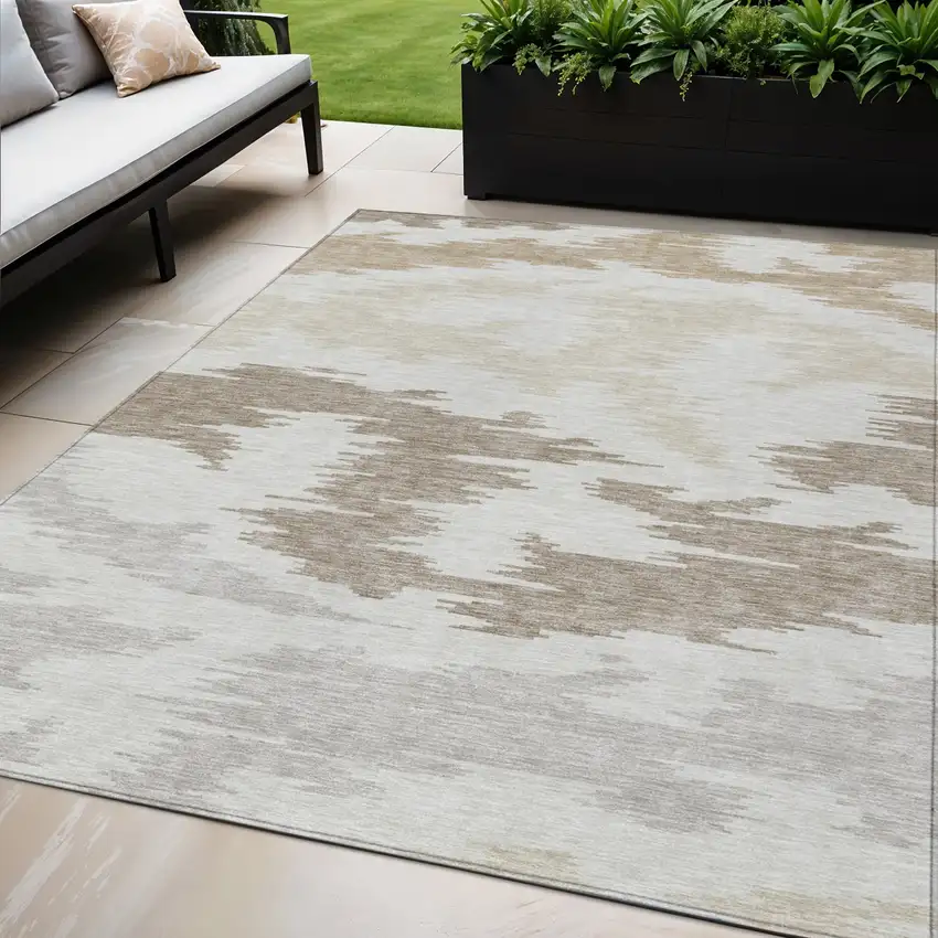 Ivory Beige And Brown Abstract Washable Indoor Outdoor Area Rug Photo 1