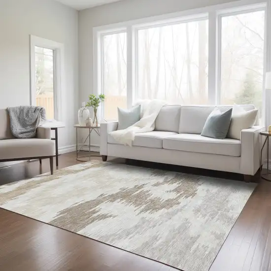 Ivory Beige And Brown Abstract Washable Indoor Outdoor Area Rug Photo 8